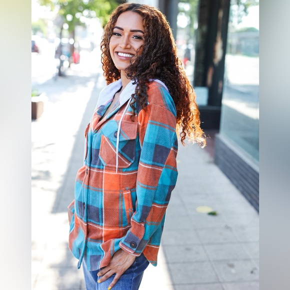 Teal Blue, & Orange Plaid Button Down Hooded Flannel, Medium Shacket, USA Made - Picture 7 of 14